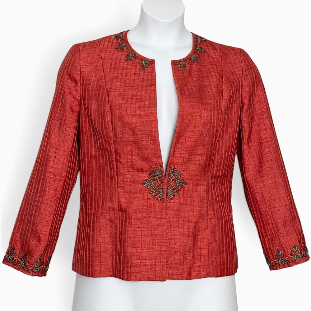 Miller Shor Jacket Size 12 Terracotta Orange Embroidered Turquoise Beaded Y2K